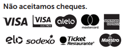 Formas de pagamento aceitas: Visa, Mastercard, Elo, American Express, Alelo, Sodexo, Ticket Restaurante, Maestro. Não aceitamos cheques.